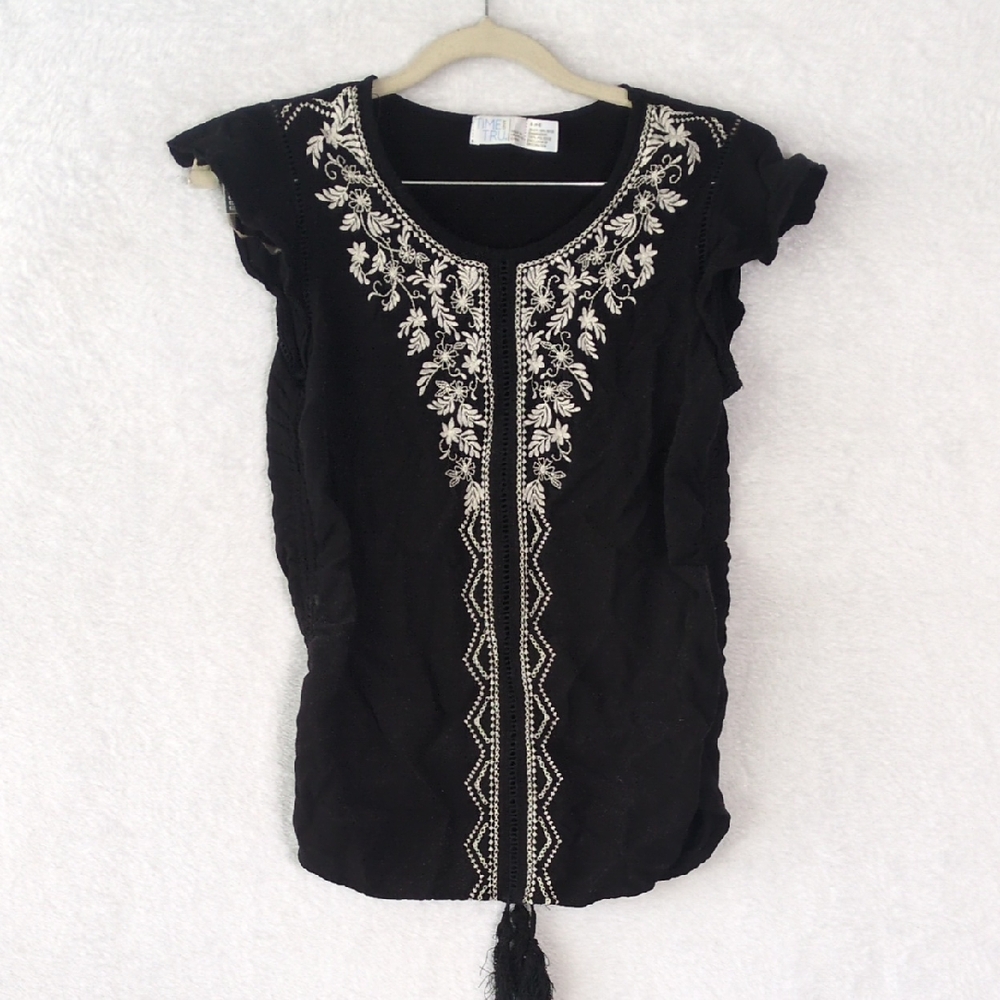 Time and Tru Women's Black & White Embroidered Boho Shirt Size S